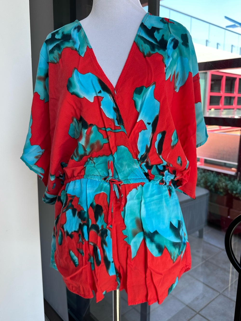 On The Road Red & Teal Floral Wrap Romper